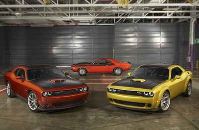 50th Anniversary Edition Challenger celebrates golden anniversary with new exterior paint color, body-color Shaker hood on HEMI® V-8 models, unique badging and heritage style available on four Challenger models. (select to view enlarged photo)